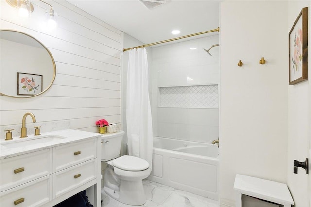 full bath with visible vents, toilet, shower / tub combo with curtain, vanity, and marble finish floor