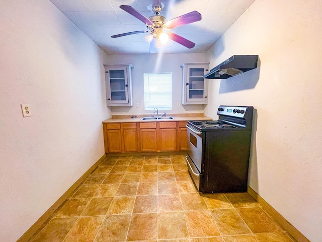 kitchen with ceiling fan, sink, stainless steel range with electric stovetop, and ventilation hood