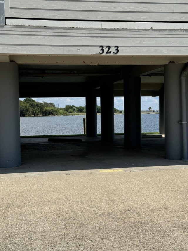 garage with a water view