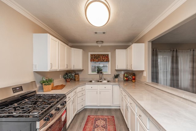 kitchen featuring light countertops, stainless steel gas range oven, a sink, and visible vents