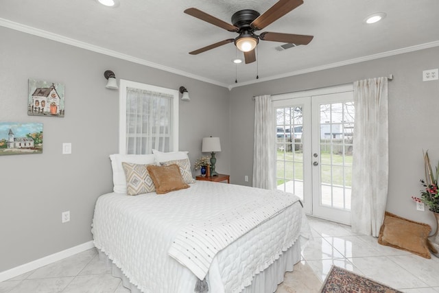 bedroom featuring access to exterior, french doors, crown molding, and baseboards