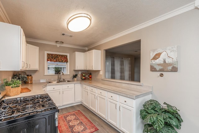 kitchen with white cabinets, ornamental molding, wood finished floors, light countertops, and a sink