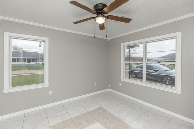 unfurnished room with light tile patterned floors, ornamental molding, ceiling fan, a textured ceiling, and baseboards