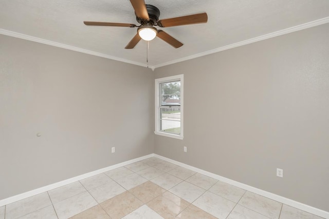 unfurnished room with light tile patterned floors, a ceiling fan, baseboards, and crown molding