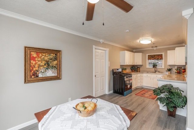 dining area with ornamental molding, baseboards, light wood-style flooring, and a textured ceiling