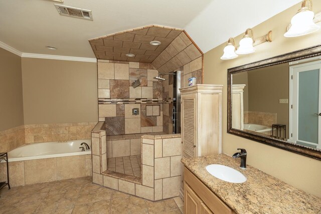 3075 Shivers St, Vidor, TX 77662 - full bathroom with a bath, tiled shower, vanity, and crown molding
