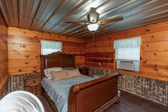 3075 Shivers St, Vidor, TX 77662 - bedroom featuring dark wood-style flooring, cooling unit, wooden walls, and wood ceiling