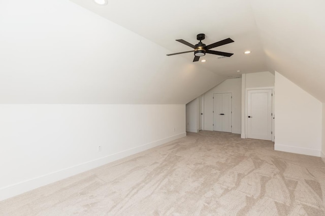 3570 Lily Ln, Beaumont, TX 77713 - bonus room with light colored carpet, vaulted ceiling, recessed lighting, baseboards, and ceiling fan