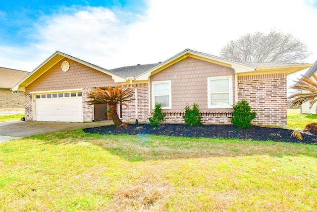 single story home with a garage and a front lawn