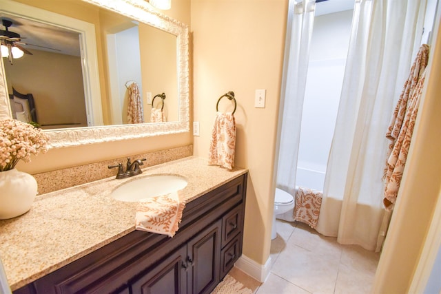 full bathroom featuring toilet, shower / tub combo, vanity, ceiling fan, and tile patterned flooring