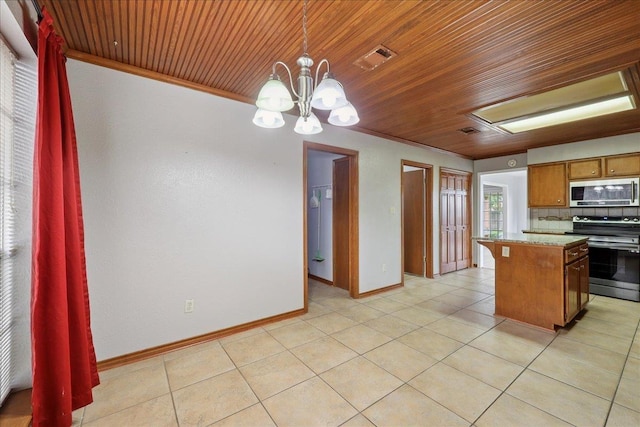1120 Meadowvale Dr, Beaumont, TX 77706 - kitchen featuring appliances with stainless steel finishes, a chandelier, wood ceiling, light tile patterned floors, and hanging light fixtures