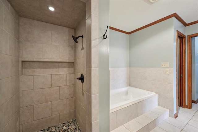 1120 Meadowvale Dr, Beaumont, TX 77706 - bathroom featuring ornamental molding, a bath, a tile shower, recessed lighting, and tile patterned flooring