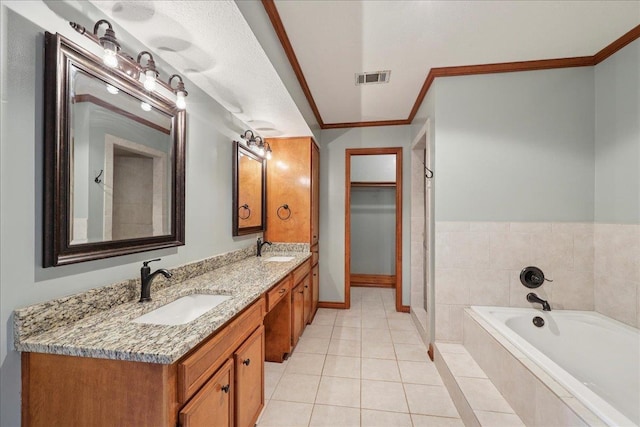 1120 Meadowvale Dr, Beaumont, TX 77706 - bathroom featuring a bath, double vanity, tile patterned floors, crown molding, and a stall shower