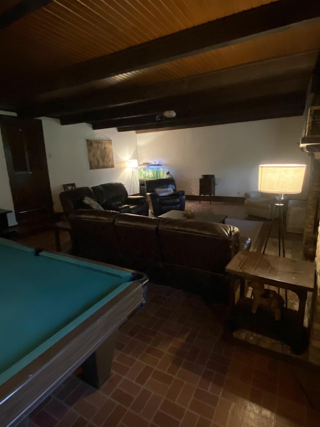 game room with beam ceiling, wooden ceiling, and billiards