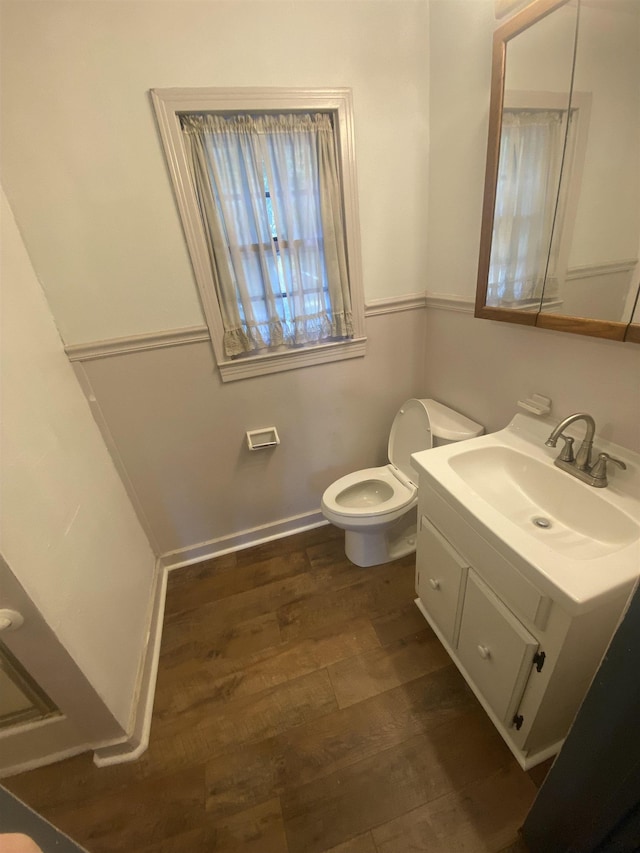 bathroom featuring hardwood / wood-style floors, vanity, and toilet