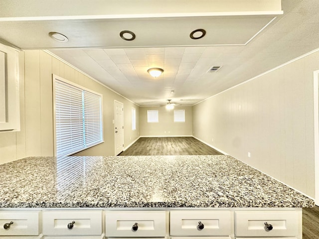 kitchen with white cabinets, light stone counters, and ceiling fan