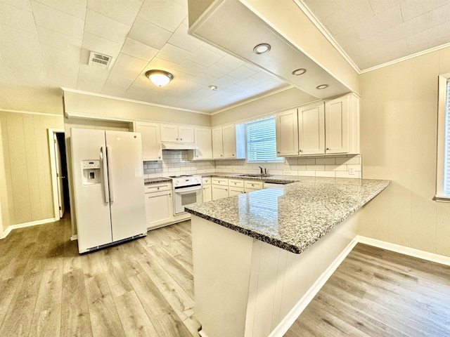 kitchen with kitchen peninsula, sink, white cabinets, and white appliances