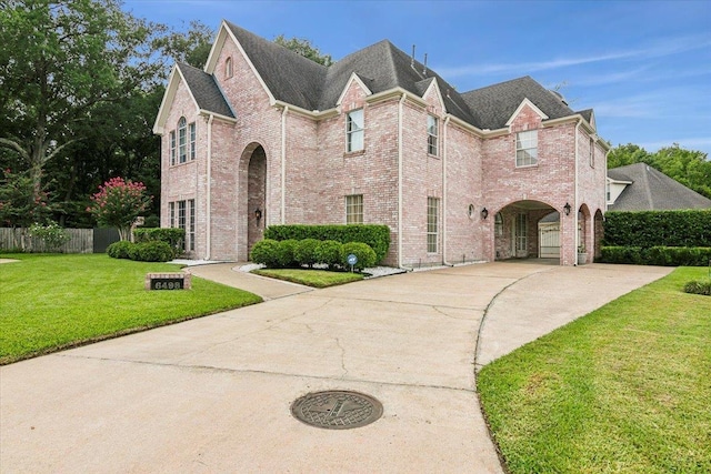 view of front of home featuring a front yard, concrete driveway, brick siding, and fence