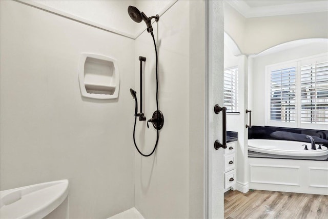 bathroom with a shower, wood finished floors, and a bath