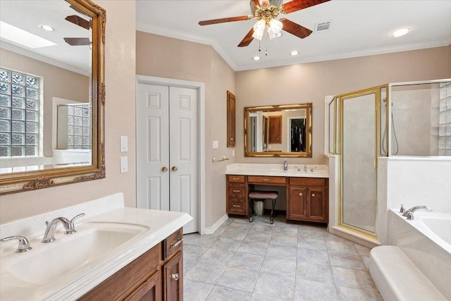 3495 Briar Way, Beaumont, TX 77706 - bathroom featuring crown molding, a stall shower, a bath, two vanities, and ceiling fan