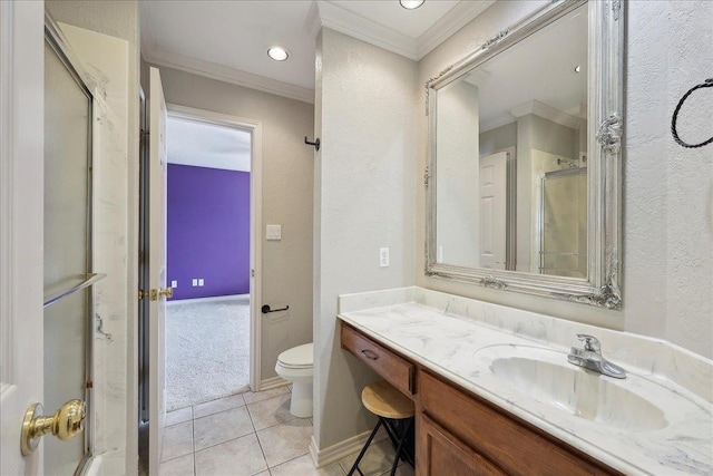 3495 Briar Way, Beaumont, TX 77706 - full bath featuring ornamental molding, vanity, a shower with door, a textured wall, and tile patterned floors
