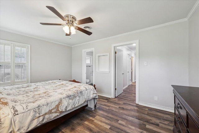 5520 N Circuit Dr, Beaumont, TX 77706 - bedroom featuring visible vents, baseboards, ceiling fan, crown molding, and dark wood-type flooring