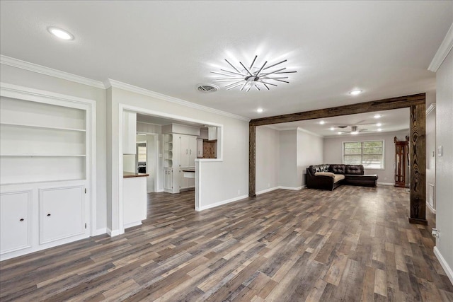 5520 N Circuit Dr, Beaumont, TX 77706 - living room featuring baseboards, visible vents, dark wood-type flooring, and crown molding