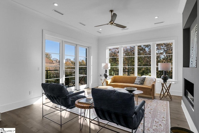 living room with ceiling fan, plenty of natural light, and wood-type flooring