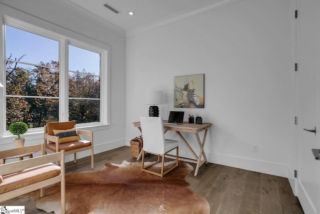 office area with hardwood / wood-style floors and ornamental molding