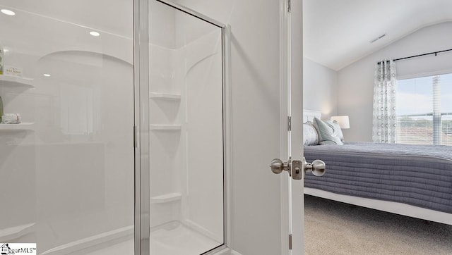 bathroom featuring walk in shower and lofted ceiling