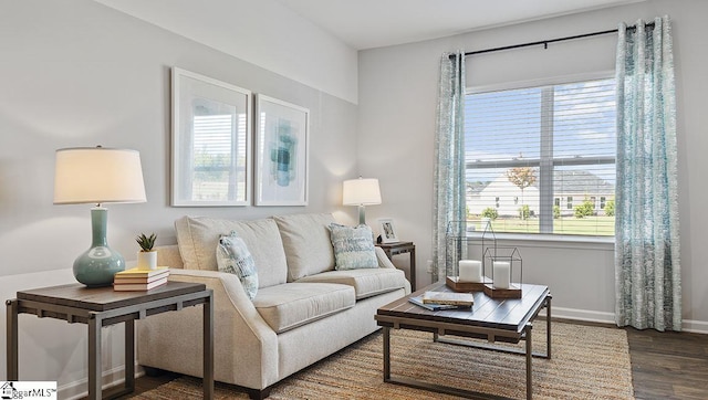 living room featuring dark hardwood / wood-style flooring and a wealth of natural light