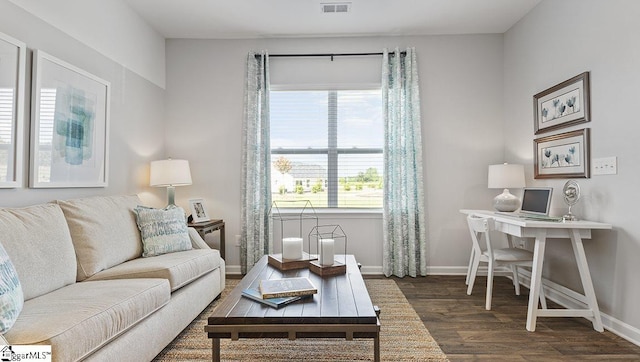 living room featuring dark wood-type flooring