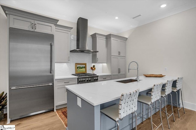 301 E Broad St Unit 303, Greenville, SC 29601 - kitchen featuring built in refrigerator, wall chimney exhaust hood, a sink, gray cabinetry, and a breakfast bar area