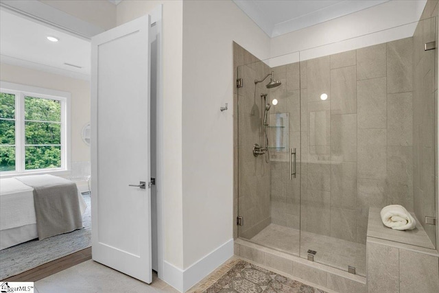 301 E Broad St Unit 303, Greenville, SC 29601 - ensuite bathroom featuring a stall shower, baseboards, and recessed lighting