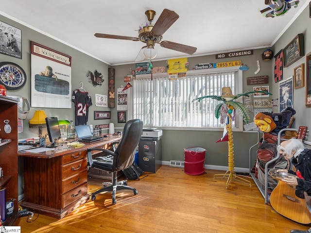 201 White Oak Rd, Woodruff, SC 29388 - office area featuring ornamental molding, ceiling fan, and light wood-type flooring