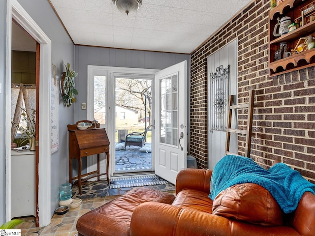 201 White Oak Rd, Woodruff, SC 29388 - interior space featuring dark tile flooring and brick wall