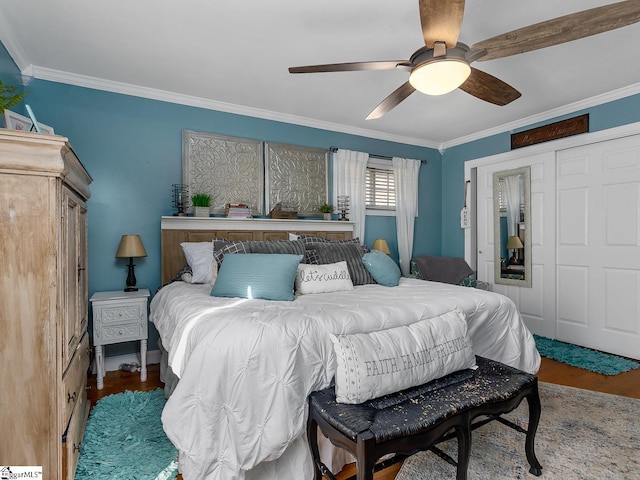 201 White Oak Rd, Woodruff, SC 29388 - bedroom featuring ceiling fan, crown molding, and dark wood-type flooring