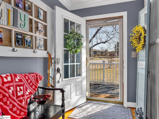 201 White Oak Rd, Woodruff, SC 29388 - doorway featuring ornamental molding and hardwood / wood-style floors