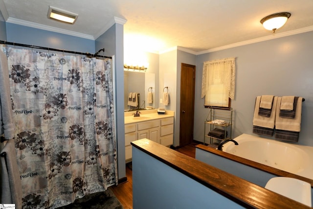 bathroom featuring ornamental molding, vanity, and hardwood / wood-style flooring