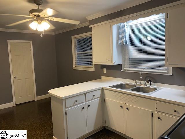 kitchen featuring white cabinets, crown molding, ceiling fan, and sink