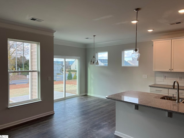 kitchen with decorative light fixtures, dark hardwood / wood-style flooring, tasteful backsplash, dark stone countertops, and sink