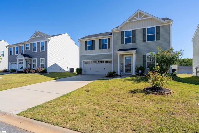 view of front of house featuring central AC, a front lawn, and a garage