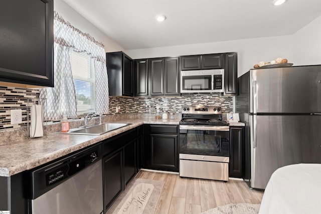 kitchen featuring light hardwood / wood-style floors, tasteful backsplash, sink, and stainless steel appliances