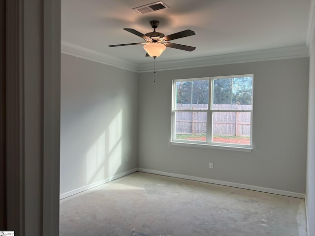 unfurnished room featuring ceiling fan and crown molding