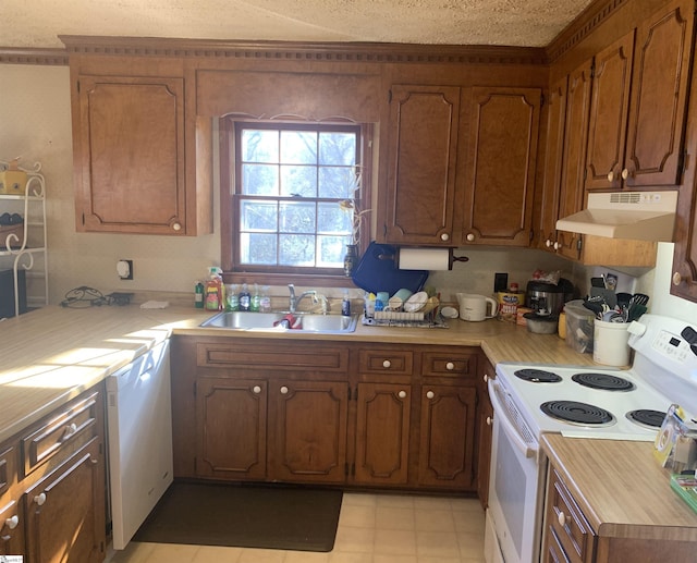 kitchen featuring wall chimney range hood, light tile floors, a textured ceiling, sink, and electric stove