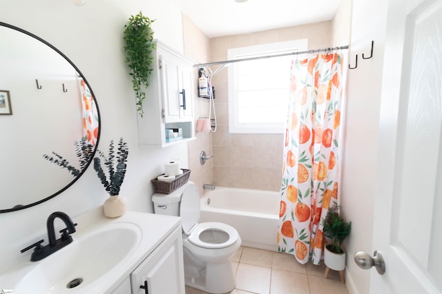 full bathroom featuring vanity, tile flooring, shower / tub combo with curtain, and toilet