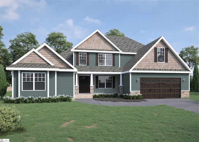 craftsman inspired home featuring a garage and a front yard