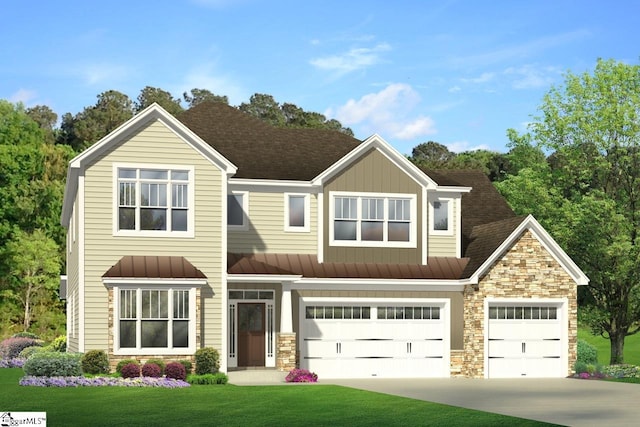 view of front facade featuring roof with shingles, board and batten siding, stone siding, driveway, and a front lawn