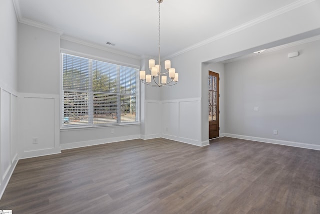 unfurnished dining area with crown molding, dark wood finished floors, visible vents, and a notable chandelier