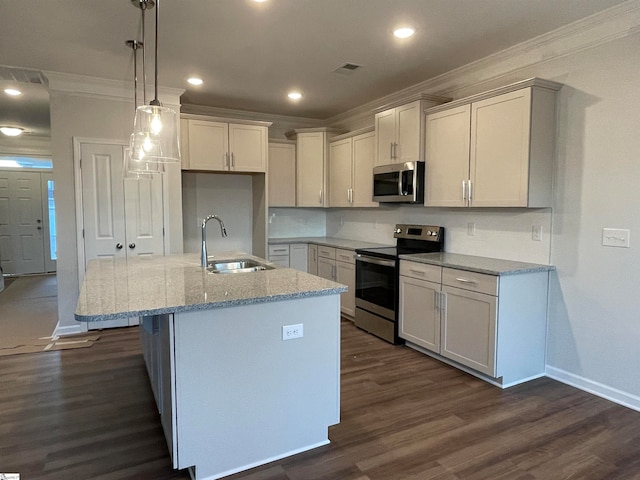 kitchen with sink, a kitchen island with sink, stainless steel appliances, light stone counters, and dark hardwood / wood-style flooring